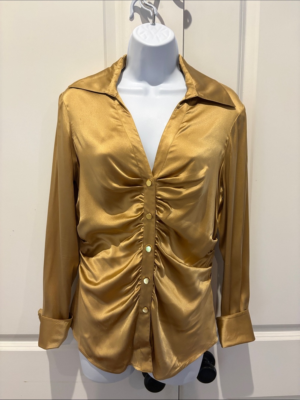 Cache Gold Satin Ruched Button-Down Blouse
